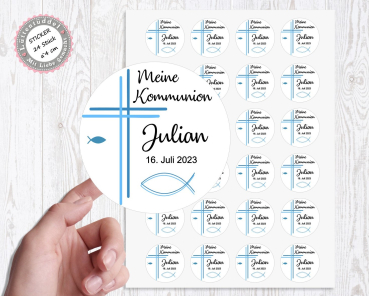 24 personalisiert Sticker Aufkleber Kommunion Taufe Firmung Konfirmation Kreuz  Fisch personalisiert Einladung Karte  von Lüttentüddel®